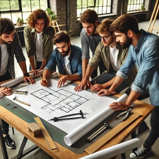 DALL·E 2024-07-30 09.41.20 - Several people gathered around a drafting table (drafter), working together on a detailed design. They are focused and discussing the plans, using var