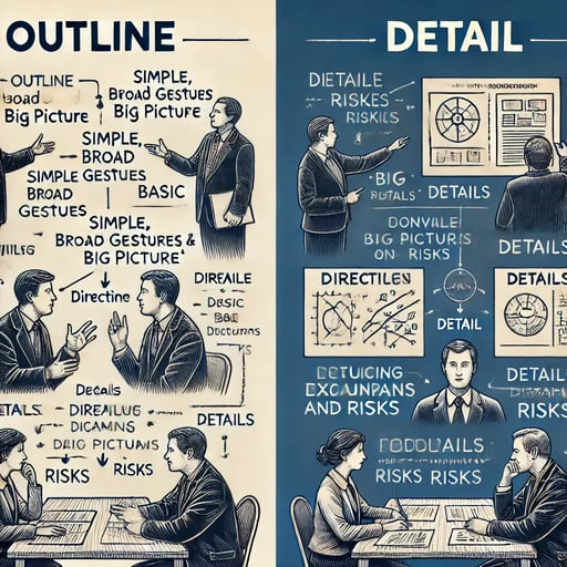 DALL·E 2024-07-30 09.46.38 - An image showing two people communicating with clear roles, with titles added for clarity. On the left side, labeled Outline, one person is explaini