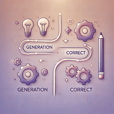 DALL·E 2024-09-14 11.38.14 - An illustration representing the concept of Generation and Correct in AI prompt design. The image features two interconnected paths, one leading t