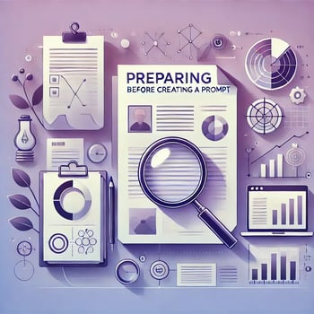 DALL·E 2024-09-29 21.16.33 - An illustration representing preparing before creating a prompt for business use, featuring elements like magnifying glasses, documents, and charts