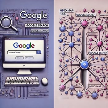 DALL·E 2024-09-29 21.20.19 - A comparative illustration showing Mind Map Tool vs Google Search for prompt engineering. On one side, a computer screen shows a Google search engin