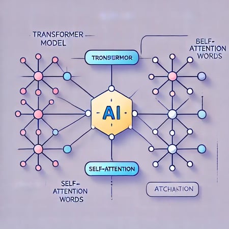 DALL·E 2024-11-03 11.30.09 - An illustration explaining the concept of the Transformer model in AI, featuring a simplified network of nodes representing words connected by lines t