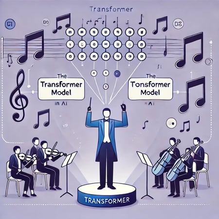 DALL·E 2024-11-03 11.31.50 - An illustration explaining the Transformer model in AI using an analogy. It depicts a conductor orchestrating an ensemble, symbolizing the Transformer