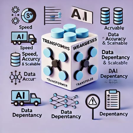 DALL·E 2024-11-03 11.33.26 - An illustration explaining the strengths and weaknesses of the Transformer model in AI. The image is divided into two sections_ on the left, symbols r