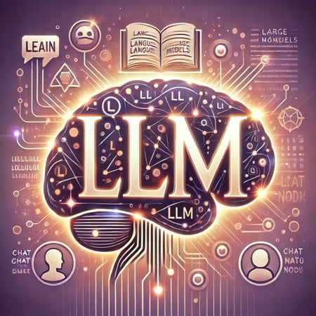 DALL·E 2024-11-17 11.37.21 - A symbolic illustration of Large Language Models (LLM) with the letters LLM prominently displayed in glowing, bold typography at the center. Surroun