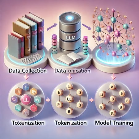 DALL·E 2024-11-17 11.38.55 - An educational illustration representing the training process of a Large Language Model (LLM), shown through three key stages_ data collection (repres