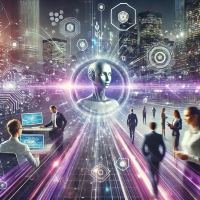 DALL·E 2024-12-29 16.16.18 - A futuristic image representing the acceleration of generative AI business expansion in 2025. Show a dynamic corporate environment with professionals