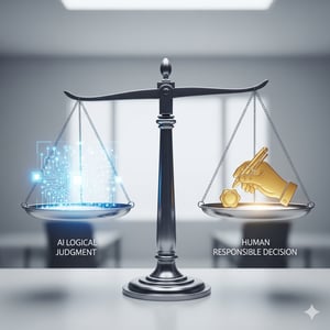 AIによる論理的判断と人間による責任ある意志決定の天秤図